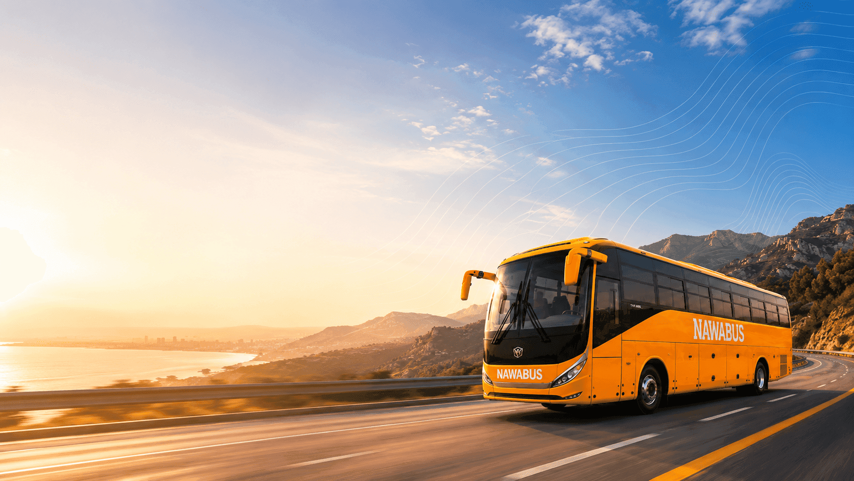 Autocarro NawaBus ao pôr-do-sol